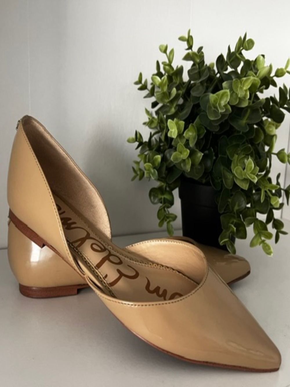 Nude Patent Leather Pointed-Toe D'Orsay Ballet Flats